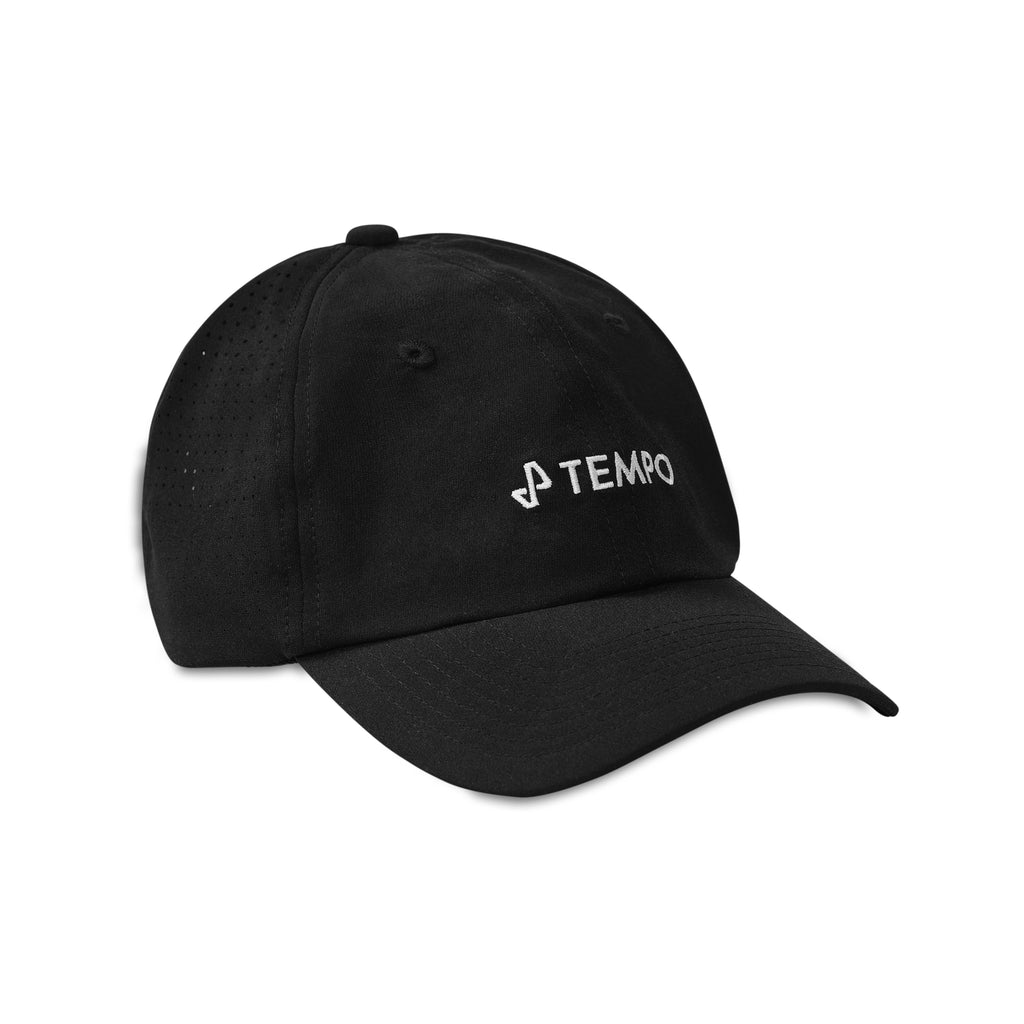 Front view of black Axis Performance Hat with white TEMPO logo on front