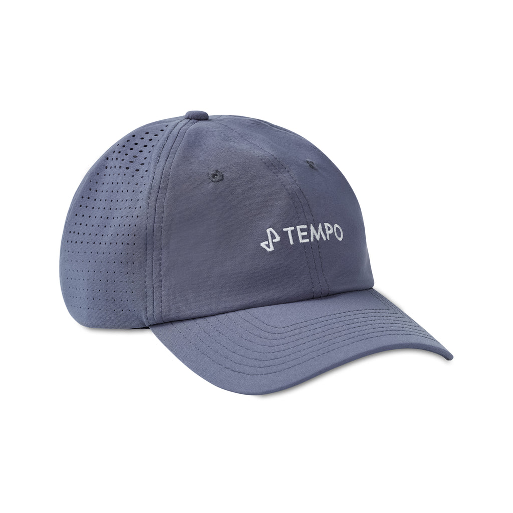 Front view of Slate Grey Axis Performance Hat with white Tempo logo