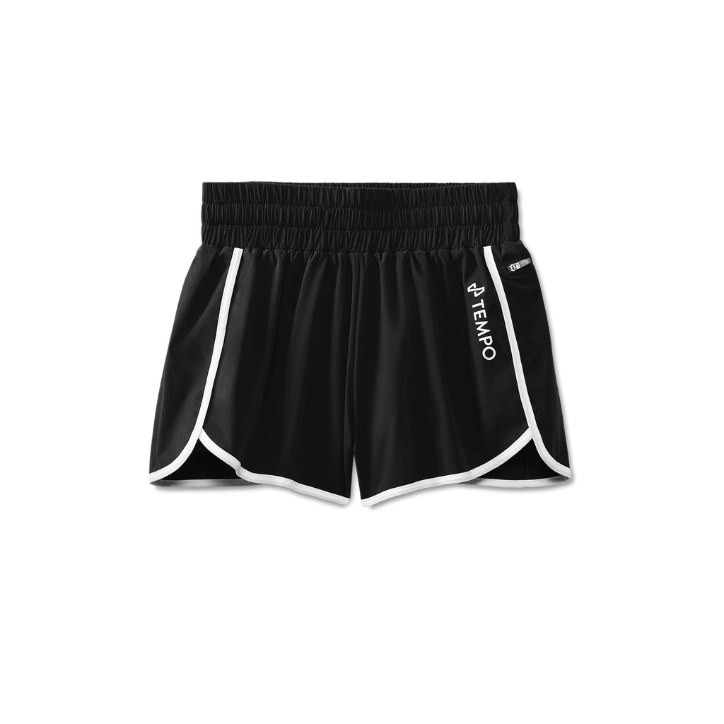 front view of Black Agility Short with white Tempo logo on left leg
