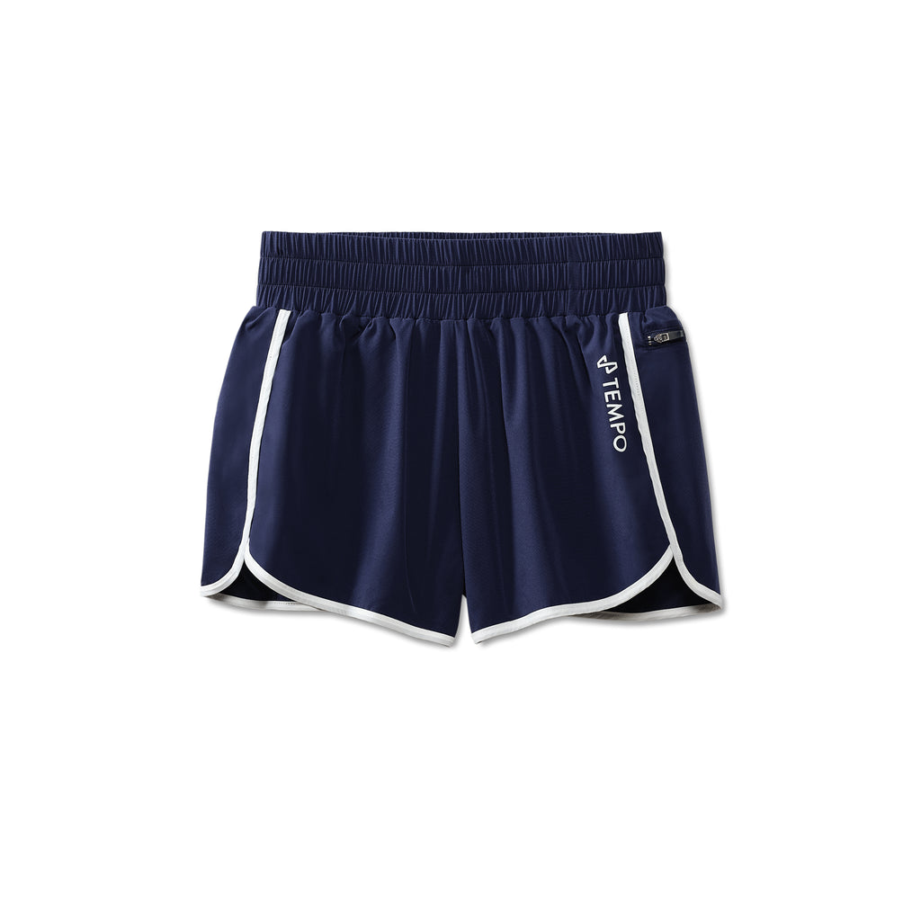 Front view of Navy Agility Short with white Tempo logo on left leg