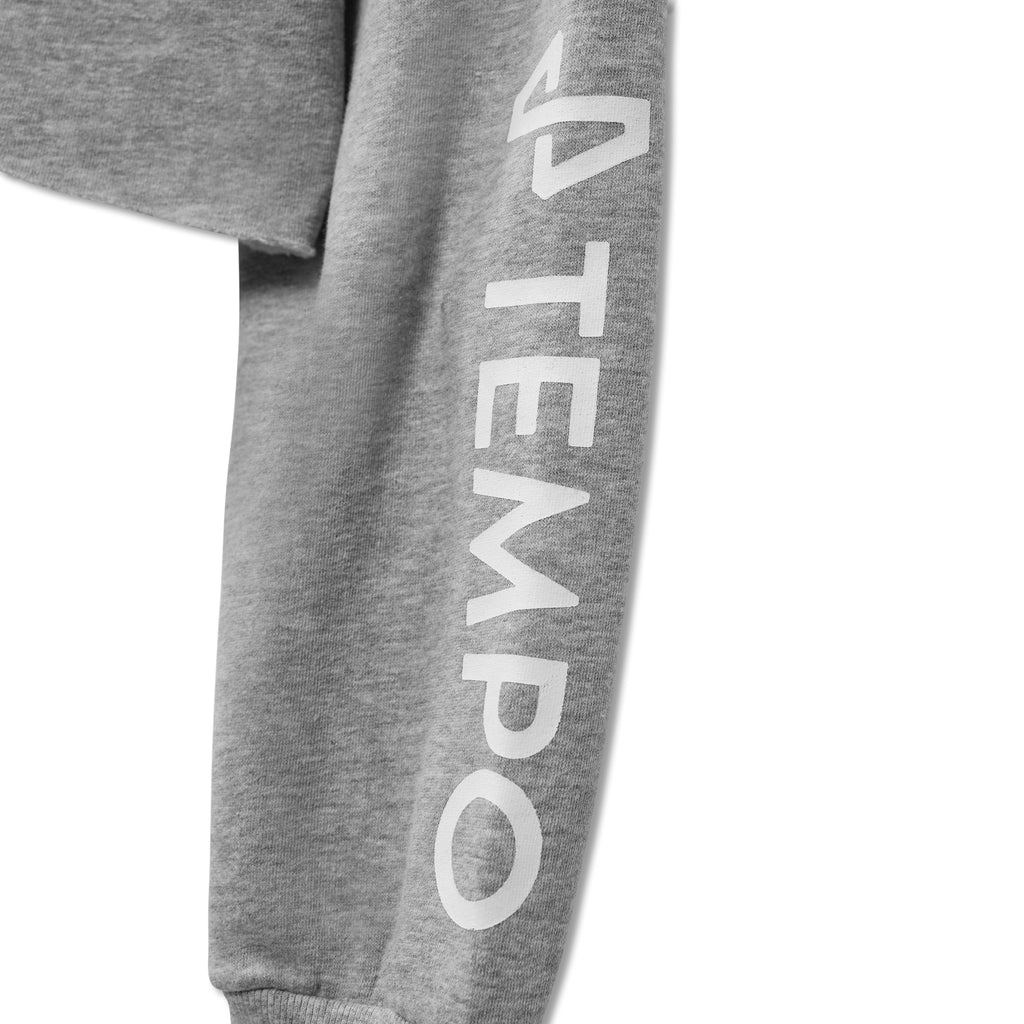 closeup of left sleeve of Cool Grey Ascend Sweatshirt showing white tempo logo and TEMPO text