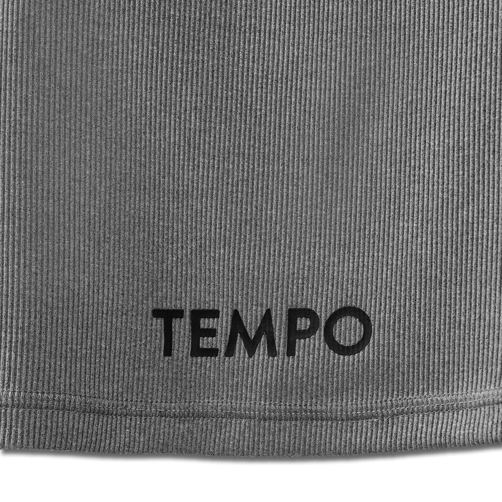 closeup of lower front of grey Breakthrough tank with black tempo text
