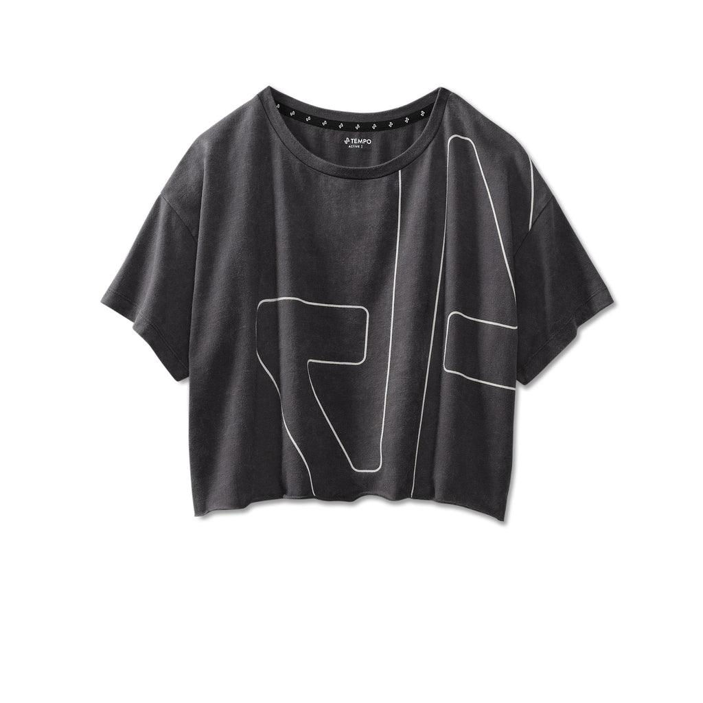 Front view of Grey Acidwash Stride Crop tee with large white Tempo logo graphic